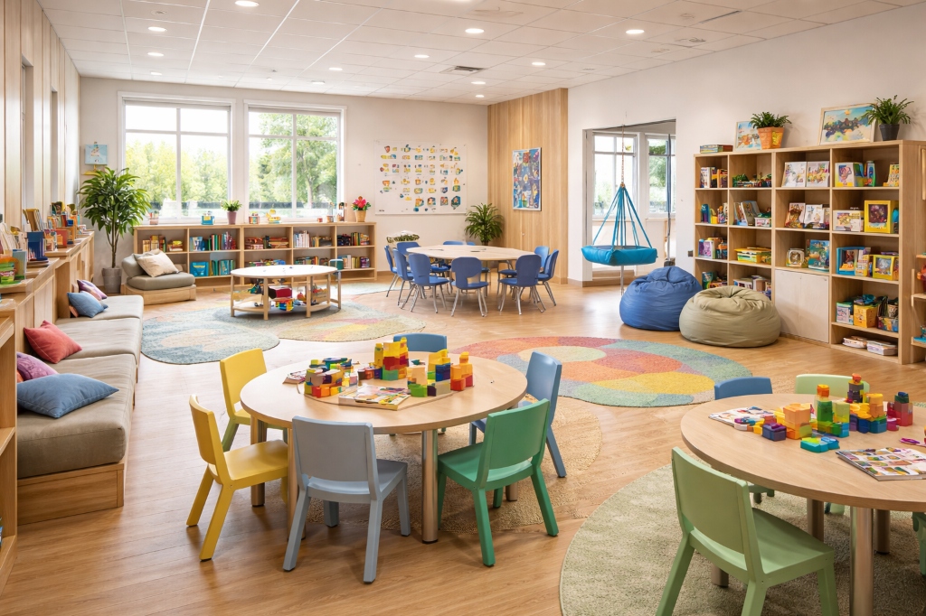 Bright and welcoming learning environment with colorful furniture